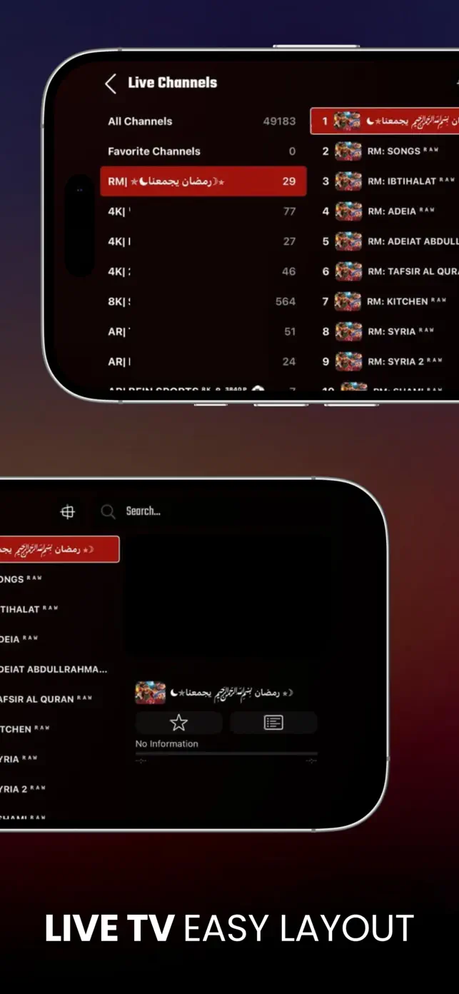 IBO Player Pro live TV channel layout on iPhone