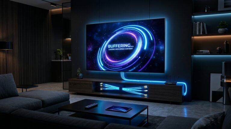 Smart TV showing futuristic loading spinner symbolizing fixing IPTV buffering