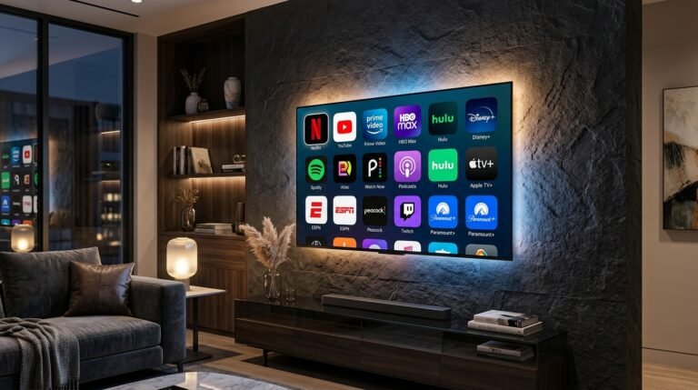 Sleek frameless smart TV on dark wall displaying grid of IPTV app icons