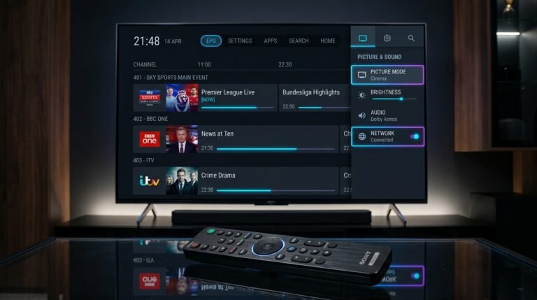 Premium smart TV displaying TiviMate EPG interface with neon accents