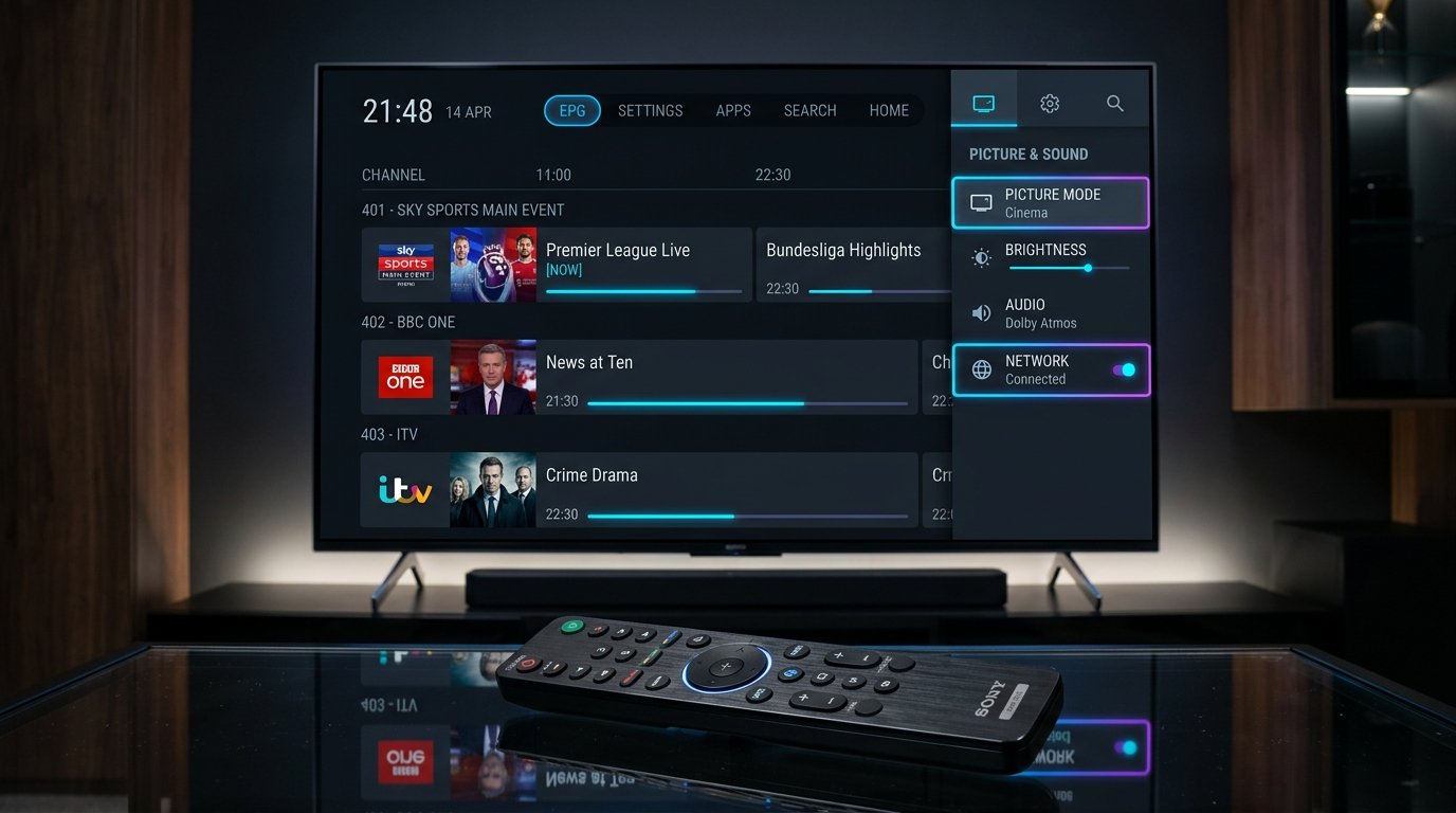 Premium smart TV displaying TiviMate EPG interface with neon accents